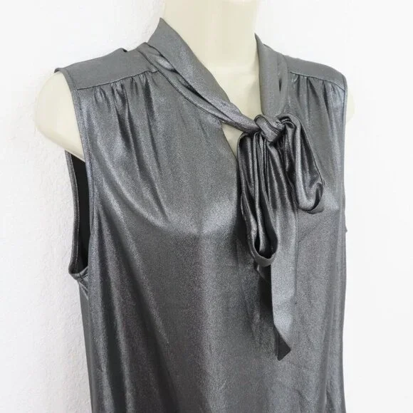 Calvin Klein Womens Large Metallic Silver Gray Sleeveless Neck Tie Shirt Blouse - Picture 2 of 8
